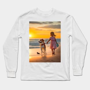 girl playing with a dog on the beach. Long Sleeve T-Shirt